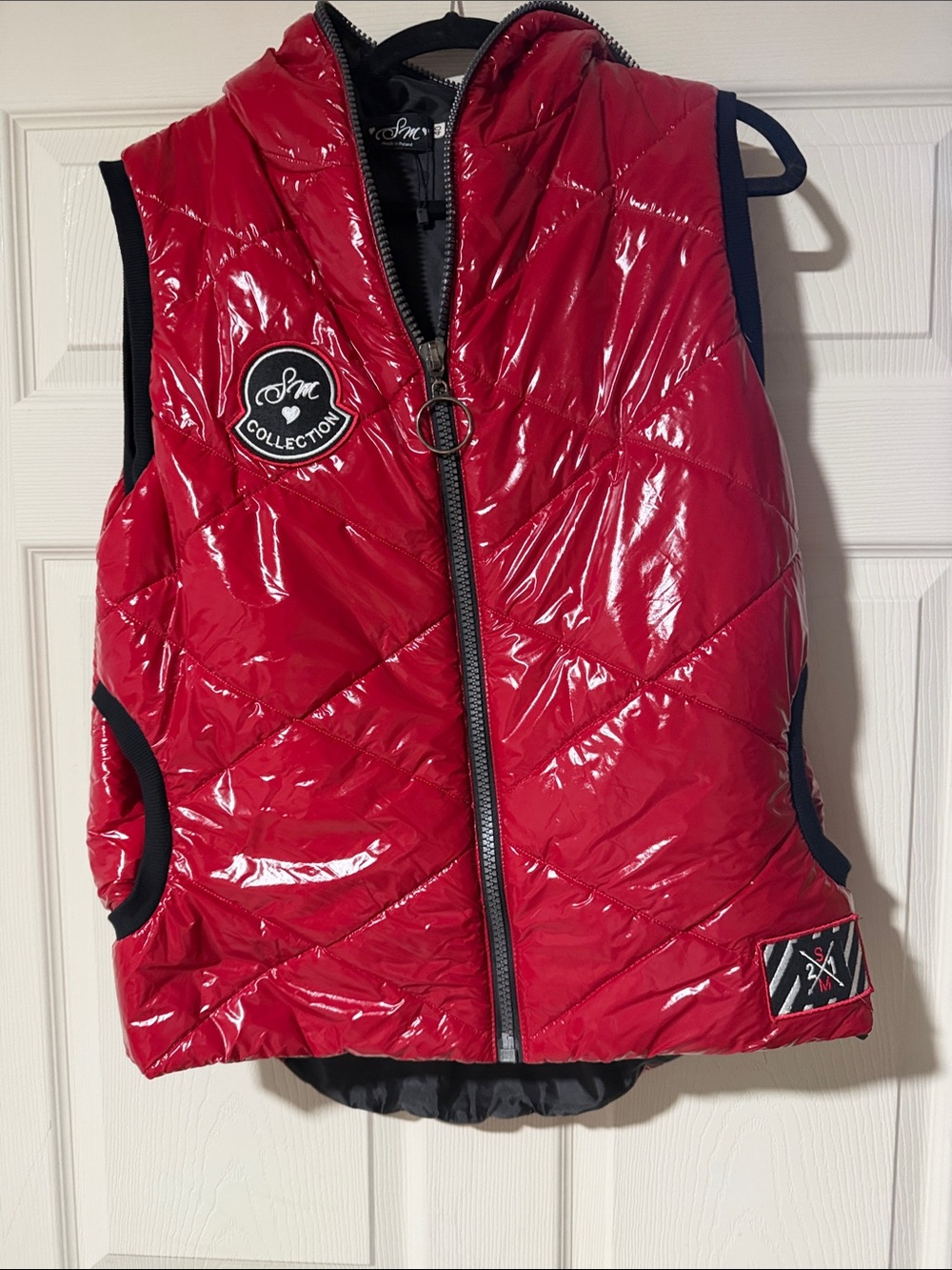 JM Collection Red Gloss Quilted Vest with Patch Details